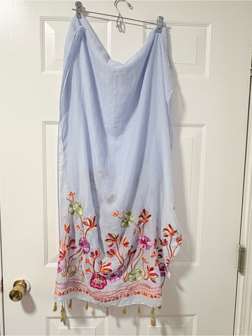 Light Blue Floral Embroidered Scarf Wrap with Tassels